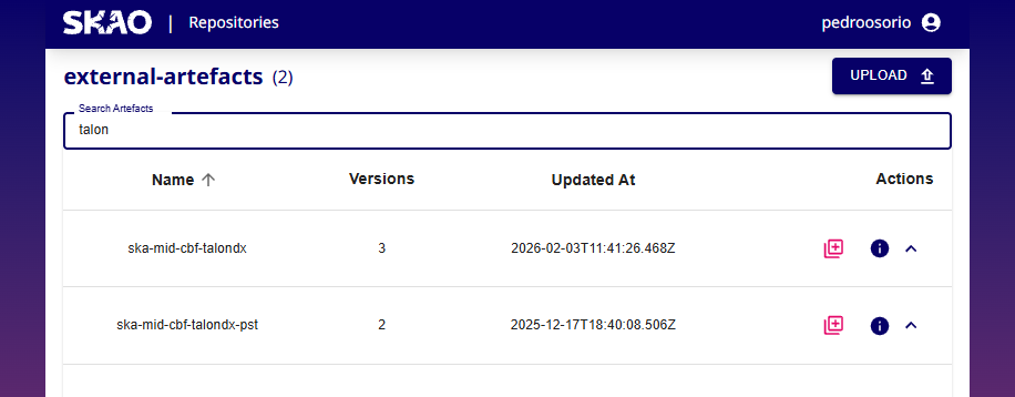 BAR artefacts page with search