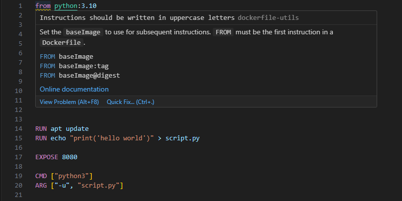 Docker extension in VSCode raising a linting warning because Dockerfile keywords must be written in uppercase