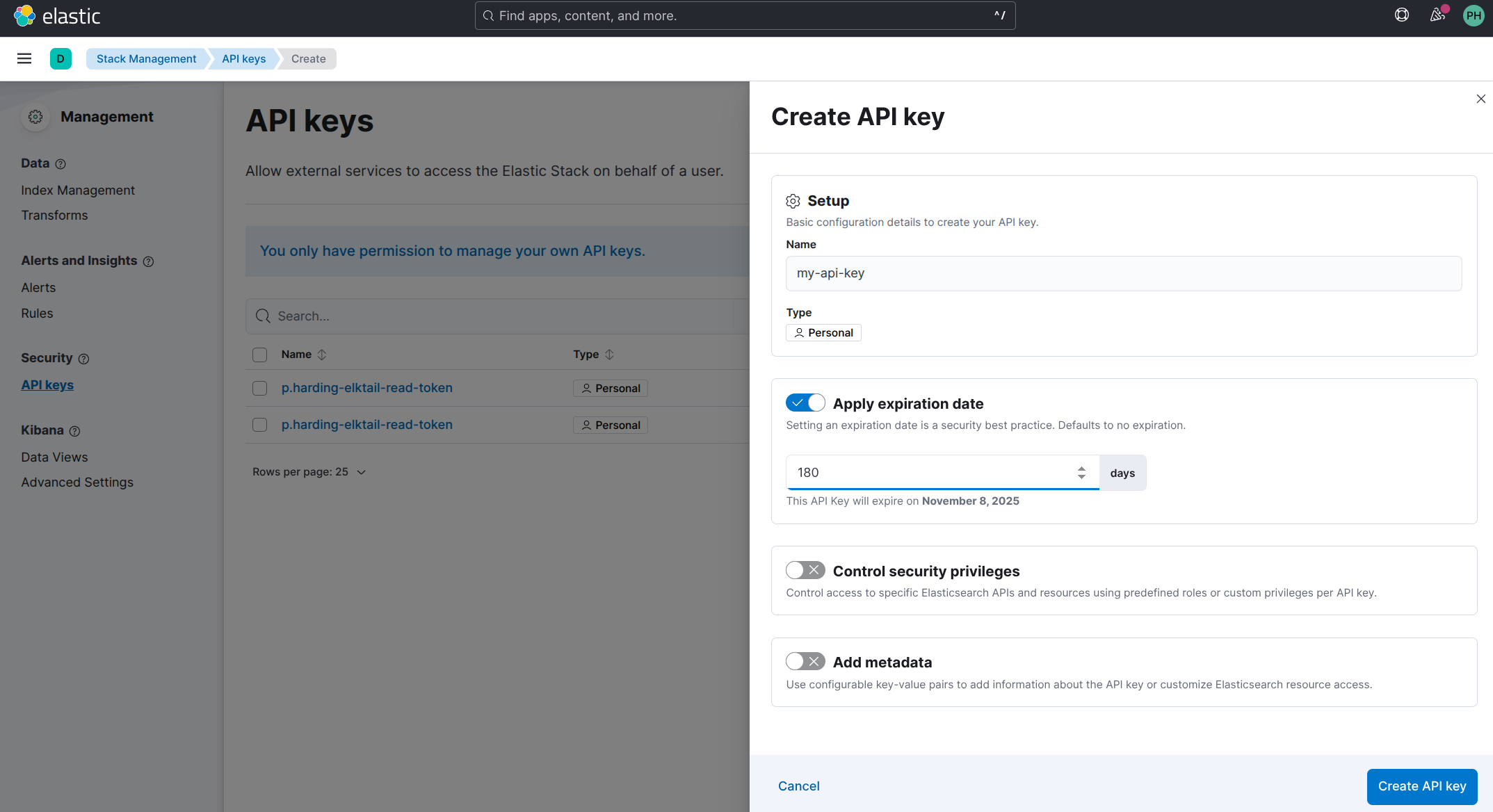 Create API Key in Kibana